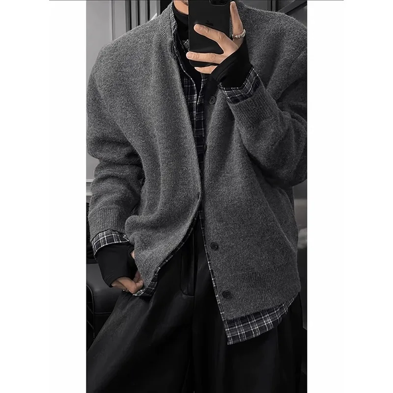 가을과 겨울에 입는 남성용 올드 머니 스타일 페이크 투피스 카디건 스웨터, 여유롭고 편안한 울 스웨터 재킷