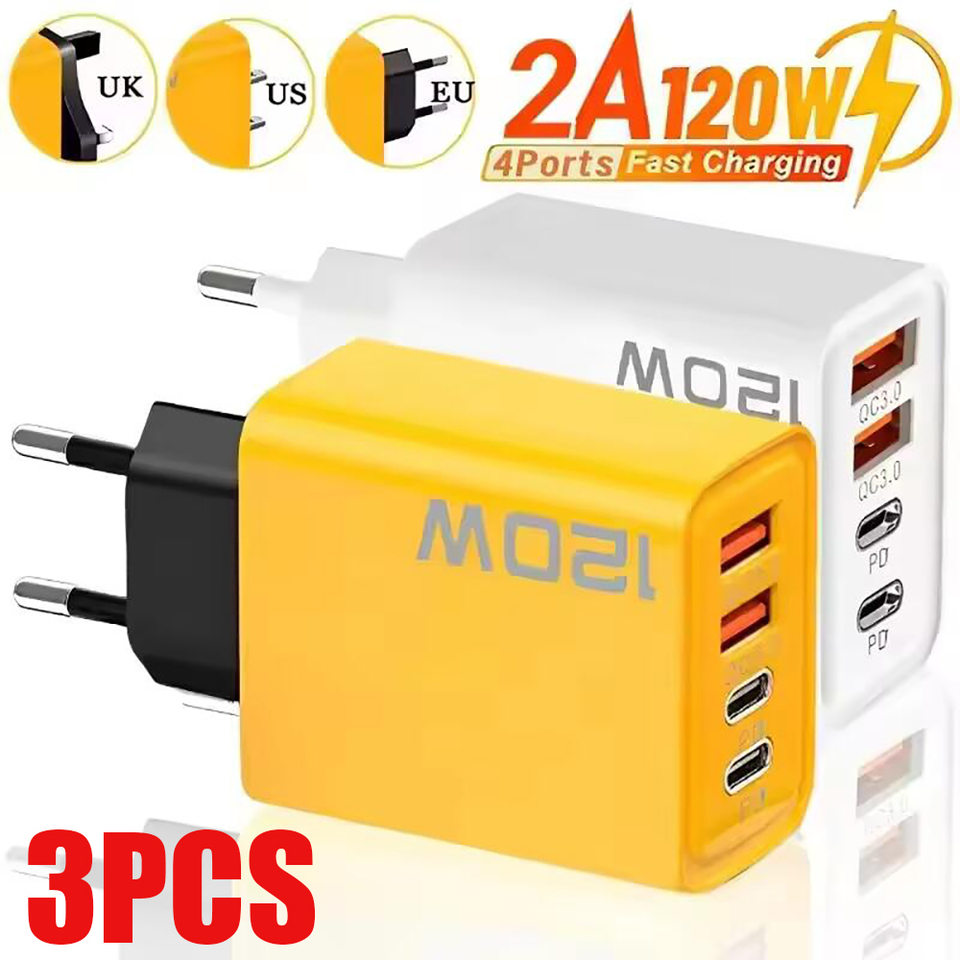 4 Ports 120W USB C Charger Quick Charge3.0 PD Fast Charging Mobile Phone Charger Wall Adapter For iPhone 16 15 14 Samsung Xiaomi