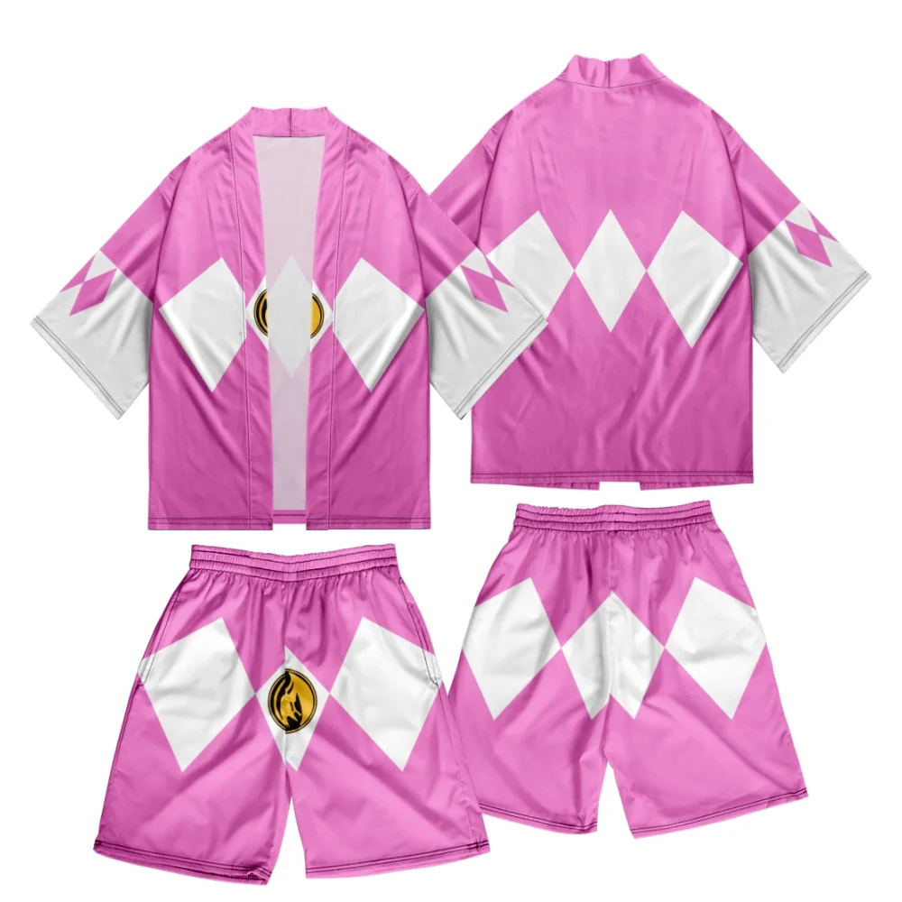 Novelty Two-piece Suit Japanese Cardigan Men Cosplay Mighty Morphin Print Yukata Kimono Shorts Sets Patchwork Asian Traditional