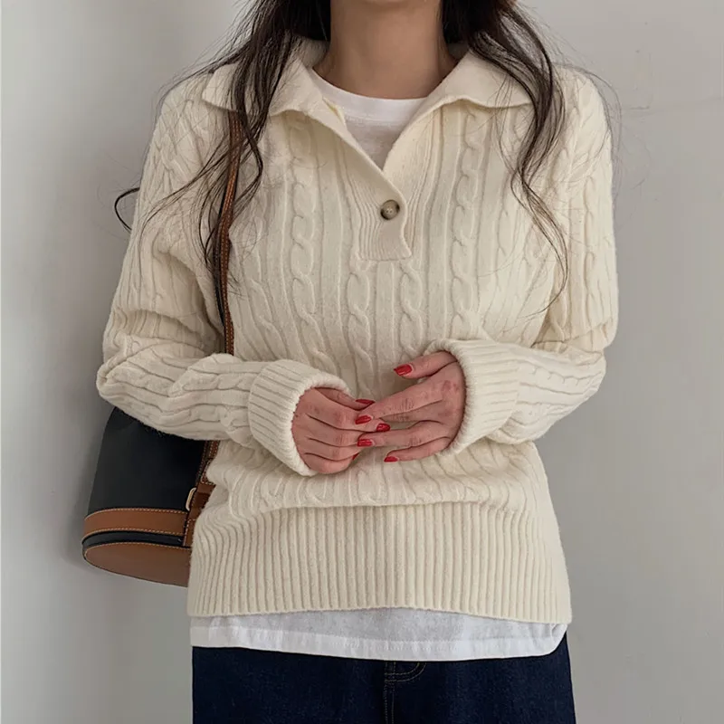 Autumn and Winter Fashion New Women's Polo Button Women's Long Sleeve Sweater Casual Elegance Women's Office Top Knitwear