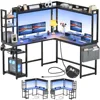 L Shaped Desk with Power Outlet, L Shaped Gaming Desk with Led Light & Hutch, Reversible Home Office Desk, Corner Computer Desk 1