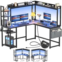 L Shaped Desk with Power Outlet, L Shaped Gaming Desk with Led Light & Hutch, Reversible Home Office Desk, Corner Computer Desk 1