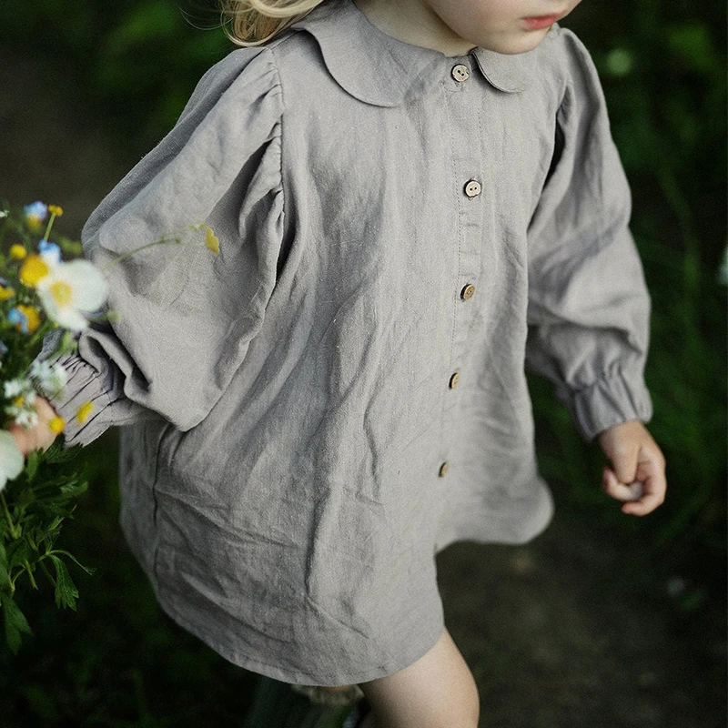 Autumn Retro Girls Long-Sleeve Cotton And Linen Shirts Buttons Baby Girl Casual Doll Collar Lantern Sleeve Tops TZ151 Kids Shirts