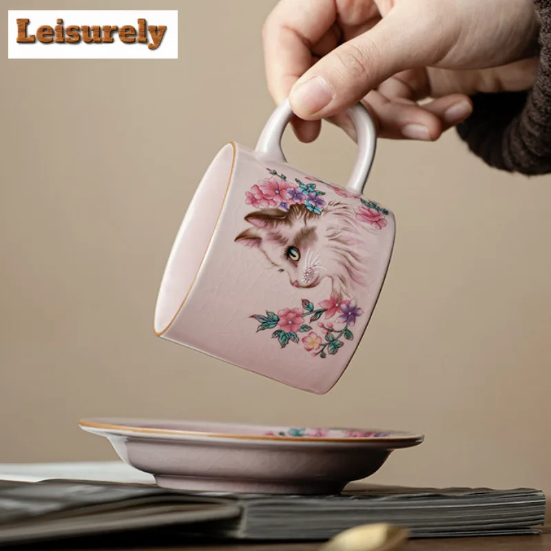 150ml Pink Ru Kiln Flower Cat Coffee Mug With Plate Beer Cup Afternoon Tea Mug Household Cup Saucer Kit Teaware Decoration Gift