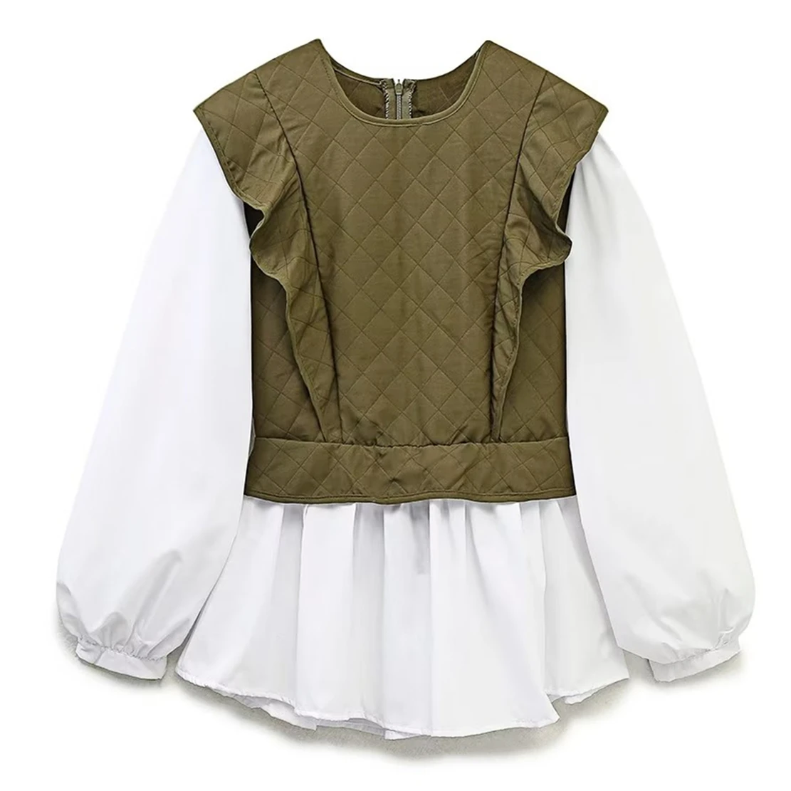 

Withered Fashion Ruffles Long Sleeve Army Green Blouse Patchwork Blouse Women Tops