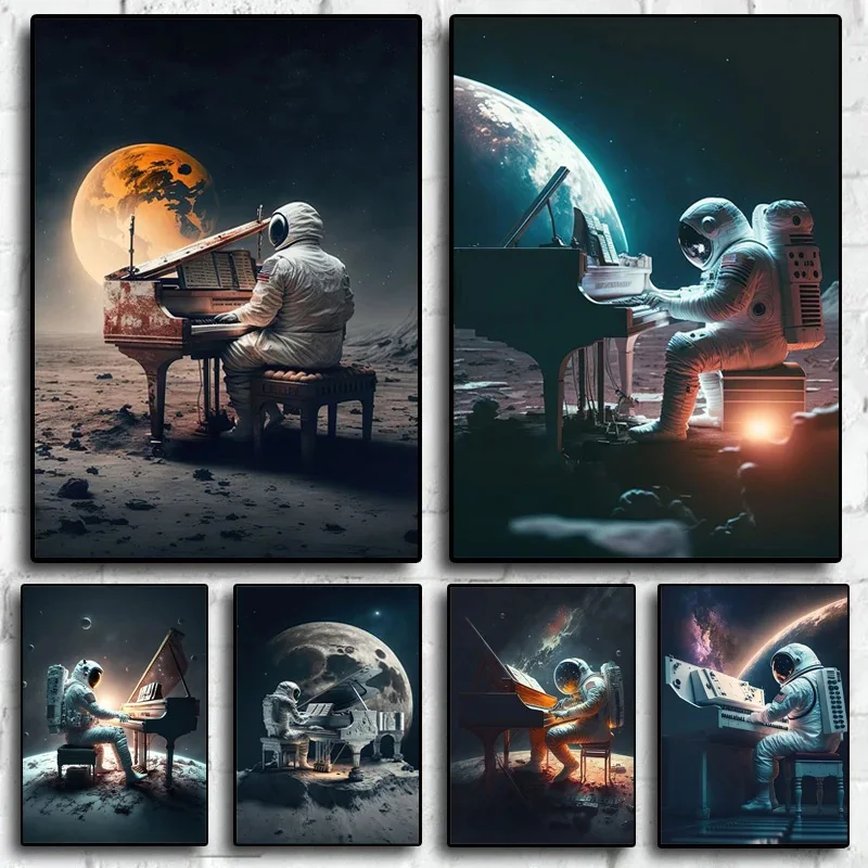 Astronaut Playing Piano on the Moon Canvas Painting Space Earth Poster and Prints Wall Art Pictures For Room Home Decor No Frame