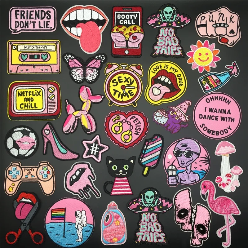 Cartoon Rosa Flamingo Alien Patches Kleidung Kinder Gestickte Diy Streifen für Kleidung Abzeichen Eisen auf Patches Applikationen