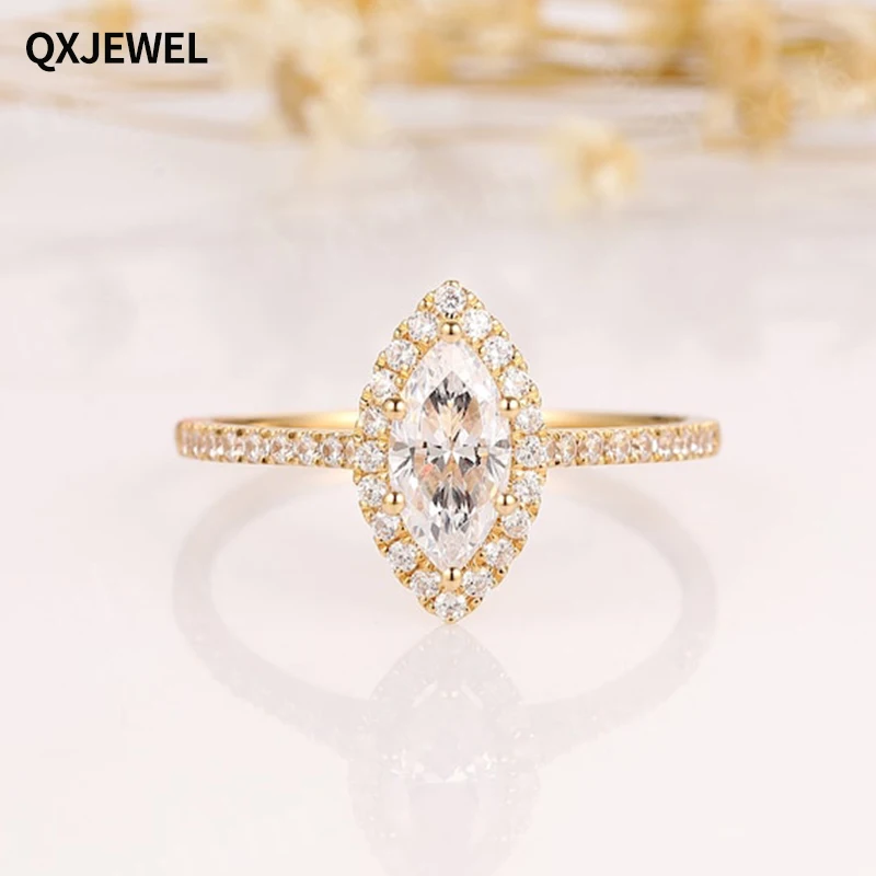 

QXJEWEL 14k 585 Yellow Gold 1 Carat Moissanite Engagement Rings With Halo Marquise Cut Wedding Band For Women