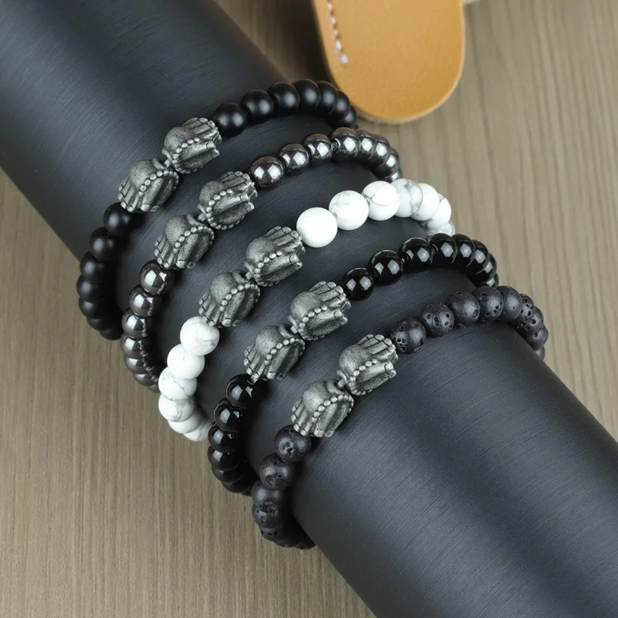 Men Viking Bracelet Lava Obsidian Stone Beaded