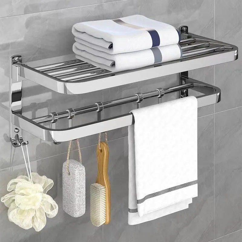 304 Stainless Steel Towel Rack Bathroom Storage Rack Non Punching Foldable Bathroom Towel Storage Hardware Pendant