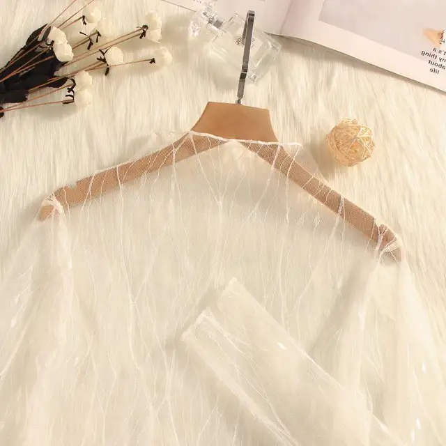 Sexy Black White Line Lace See-through T Shirts Women Transparent Mesh Bottoming Shirts Tops Tunic Long Sleeve Turtleneck Blouse 5