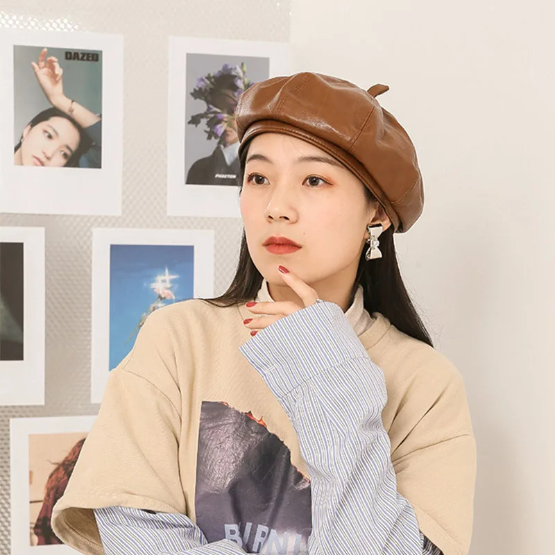 

Female Elegant Bonnet Hat Solid Pu Leather Beret Cap