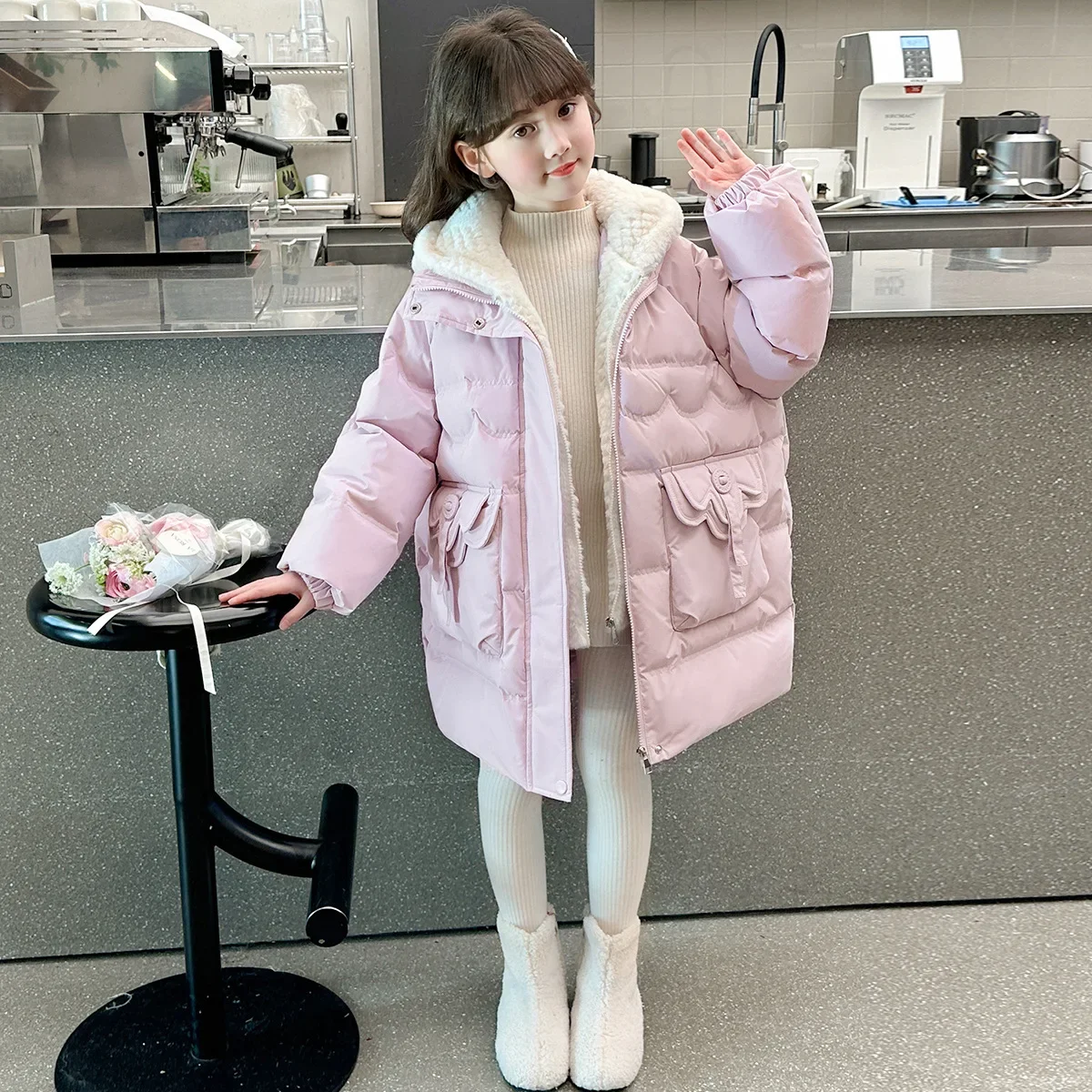 겨울 소녀용 페이크 투피스 후드 두꺼운 따뜻한 파카 어린이 코트 아우터웨어