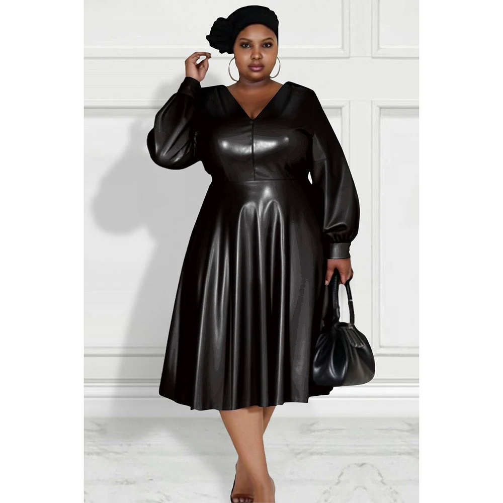 

Plus Size Daily Midi Dresses Elegant Black Fall Winter V Neck Lantern Sleeve Long Sleeve PU Leather Midi Dresses