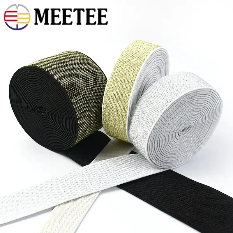 5/10Meter Glitter Gold Silver Elastic Bands 10-50mm Nylon WaistBand Soft Rubber Band Garment Pants Skirt Belt Sewing Accessories elastic bands