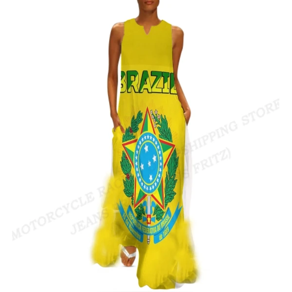 Brazil Flag Dress Women Fashion V-neck Long Dress Party Evening