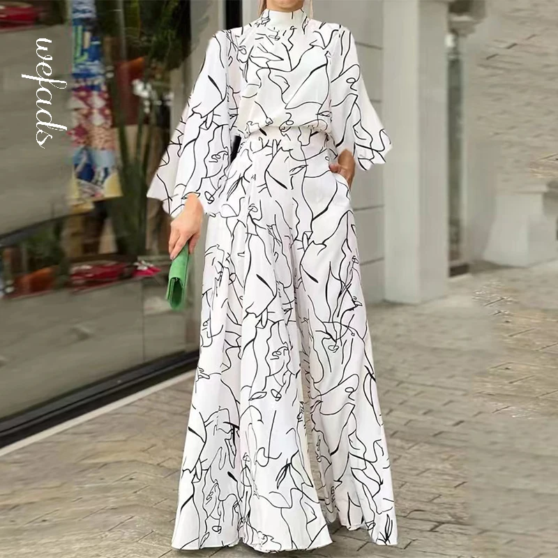 

Wefads Women Jumpsuit Autumn Elegant Casual Long Sleeve Art Print Tie Nipped Waist Loose Wide Legs Pants Sets For Female