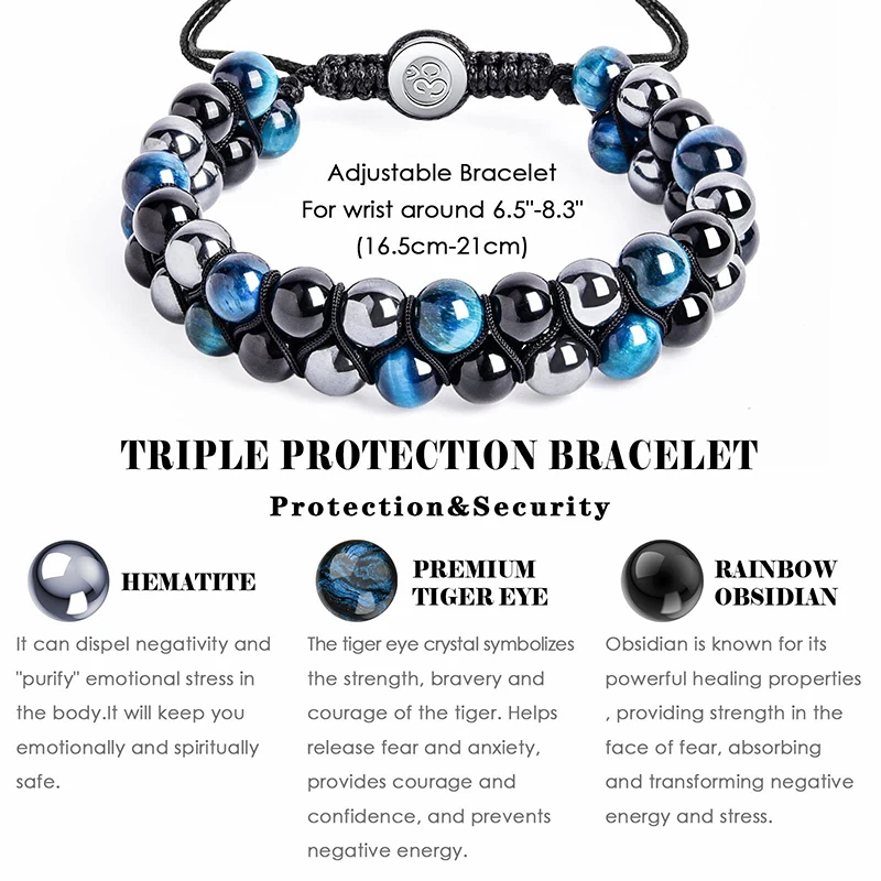 Triple Protection Bracelet 8mm Beads Bracelet Tigers Eye Black Obsidian Hematite Bracelet for Men Women Healing Crystal Bangle - Image 2