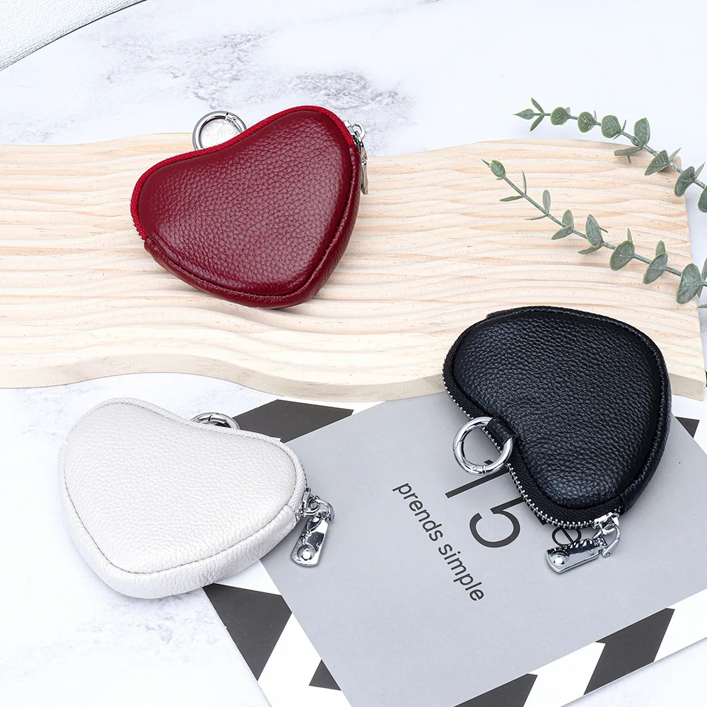 New Genuine Leather Heart Shaped Ladies Change Purse Girls Leather Coin Purse Earphone Coin Storage Bag Key Wallet with Key Ring