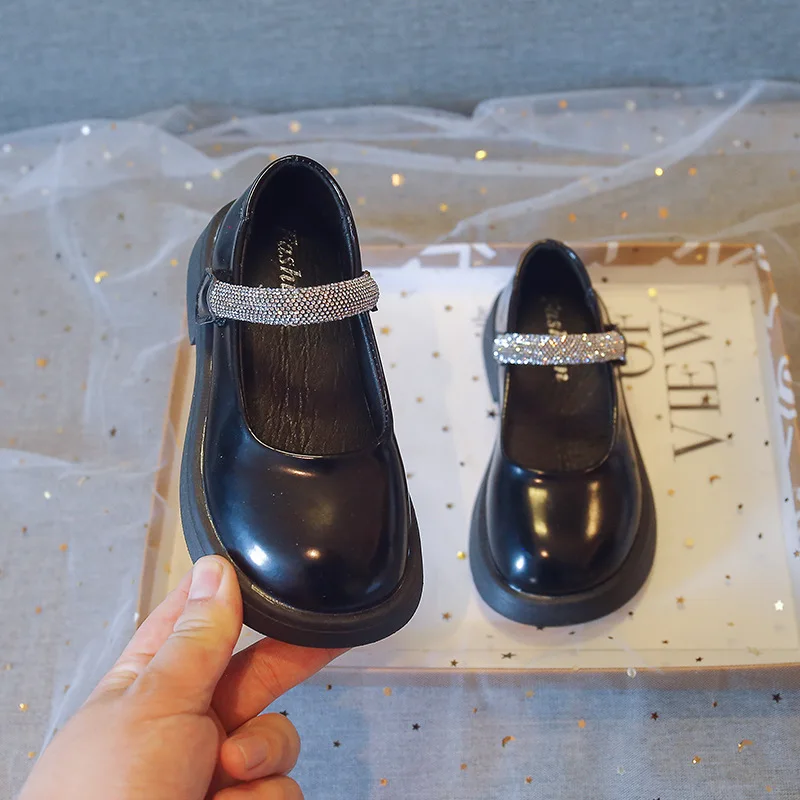 Korean Style Children's Leather Shoes Spring New Fashion Kids Glossy Shallow Rhinestone Girls Performance School Shoes PU