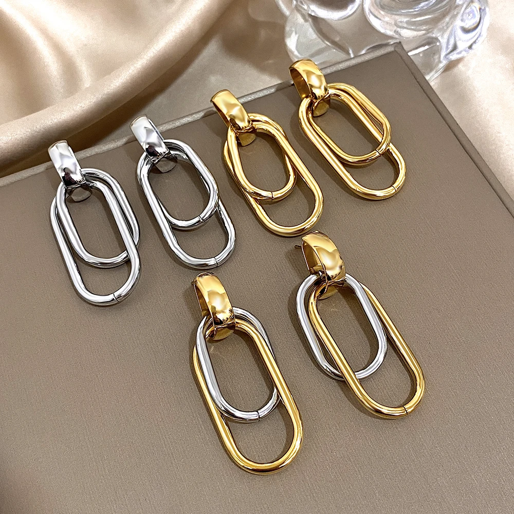 Fashion Stainless Steel Gold Silver Color Drop Earrings for Women Glossy Doublelayer U Shaped Pendant Earrings Jewelry Gifts