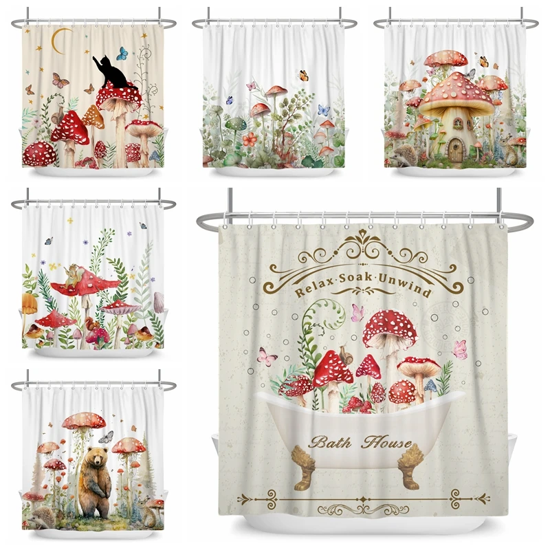 

Dreamy Cute Mushroom Shower Curtains Butterfly Floral Boho Art Curtains Partition Curtain For Bathroom Decor Curtain With Hooks