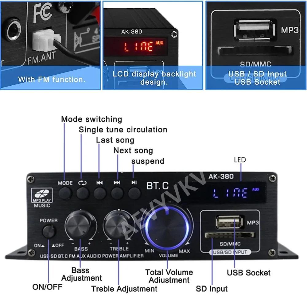HIFI 블루투스 사운드 앰프 홈 디지털 오디오 앰프 채널, 음악 플레이어, 지지대 FM USB SD 베이스 및 트레블, AK380, 2.0, 40W + 40W