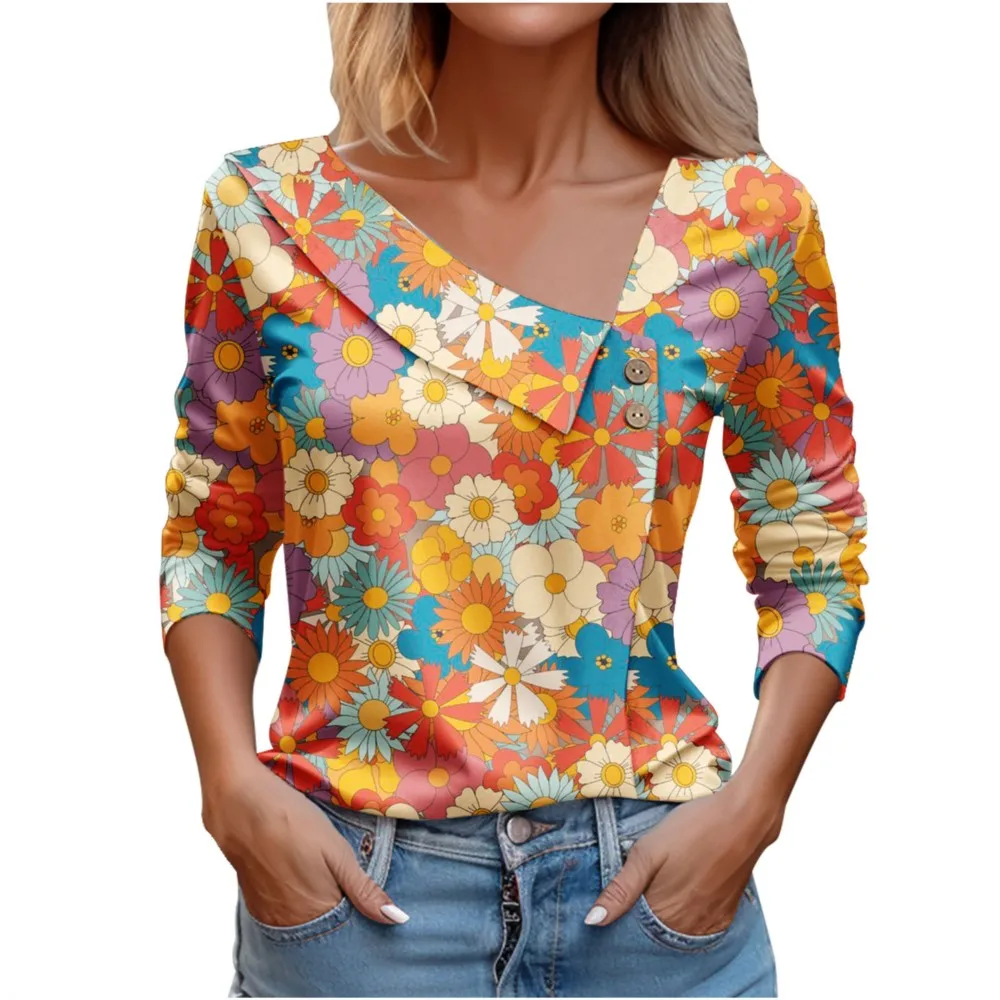 

Women's V Neck Buttons T Shirt Tee Vintage Floral Print Casual Daily Painting T Shirts Tops Long Sleeve Women Streetwear