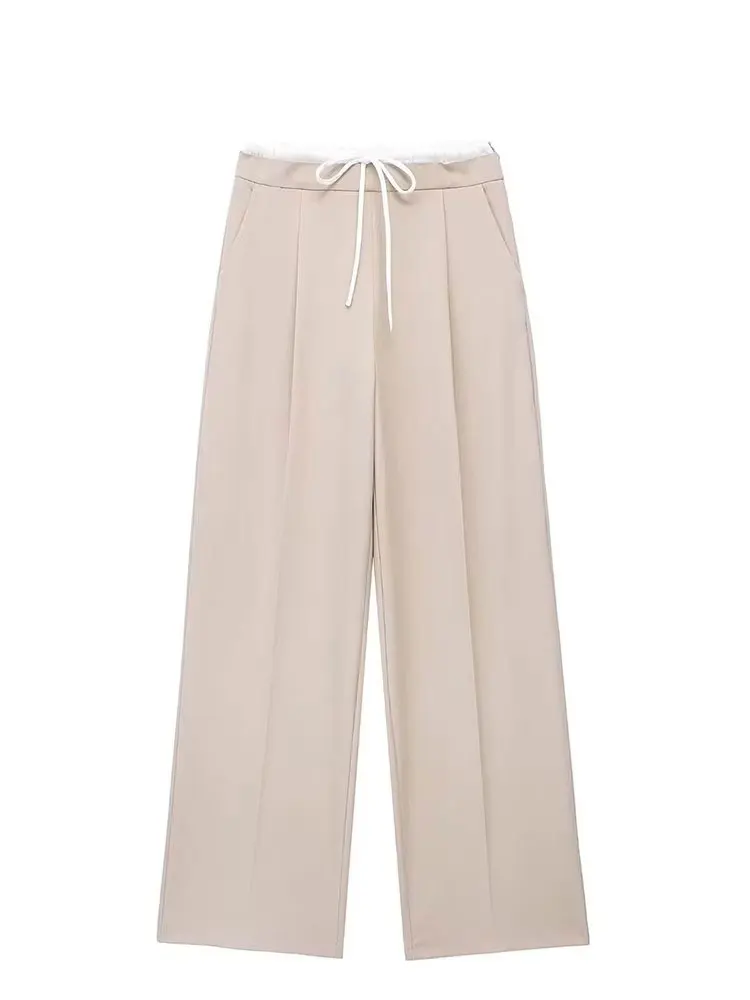 HH 2025 Women Fashion Vintage Solid Straight Pants Side Zipper Drawstring Casual Trousers Spring New Female Wide Leg Pants