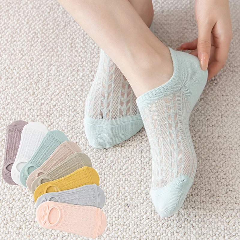 

5 pairs Women Invisible Mesh Boat Socks Shallow Summer Thin Casual Non-slip Ankle Female Solid Color Low Cut Breathable Sox