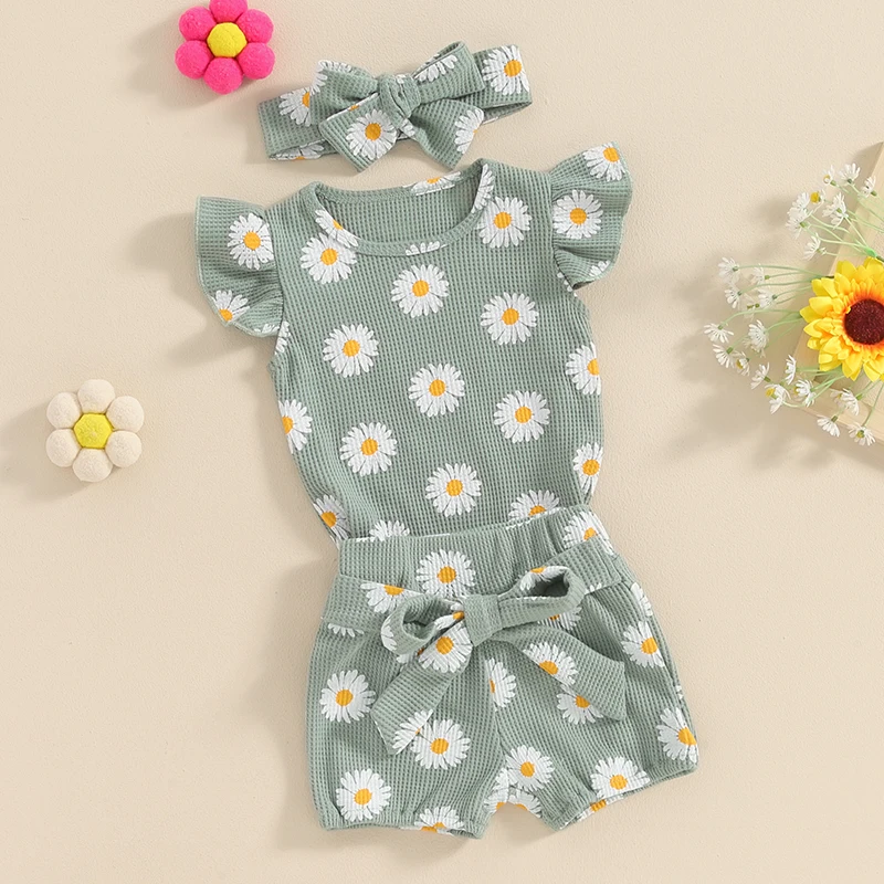 

Baby Girl Summer Outfit Waffle Floral Fly Sleeve Romper Bow Shorts Headband 3Pcs Outfit Set