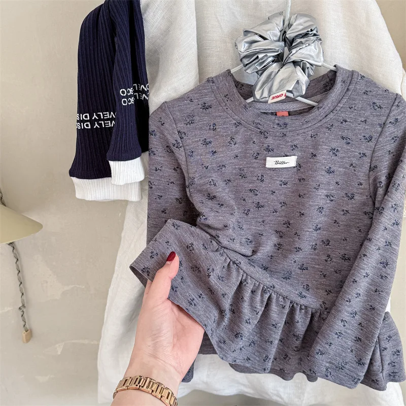 thumbnail image 1 of Spring Long Sleeve T-shirts for Girls Korean Stylish Kid's Ruffled Hem Base Layer Top Autumn Children's Clothing Girls Blouse, 1 of 6