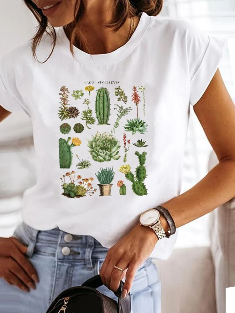 Camiseta de manga corta con estampado Cactus para mujer, ropa con estampado de planta, encantador, Top de moda para mujer| - AliExpress