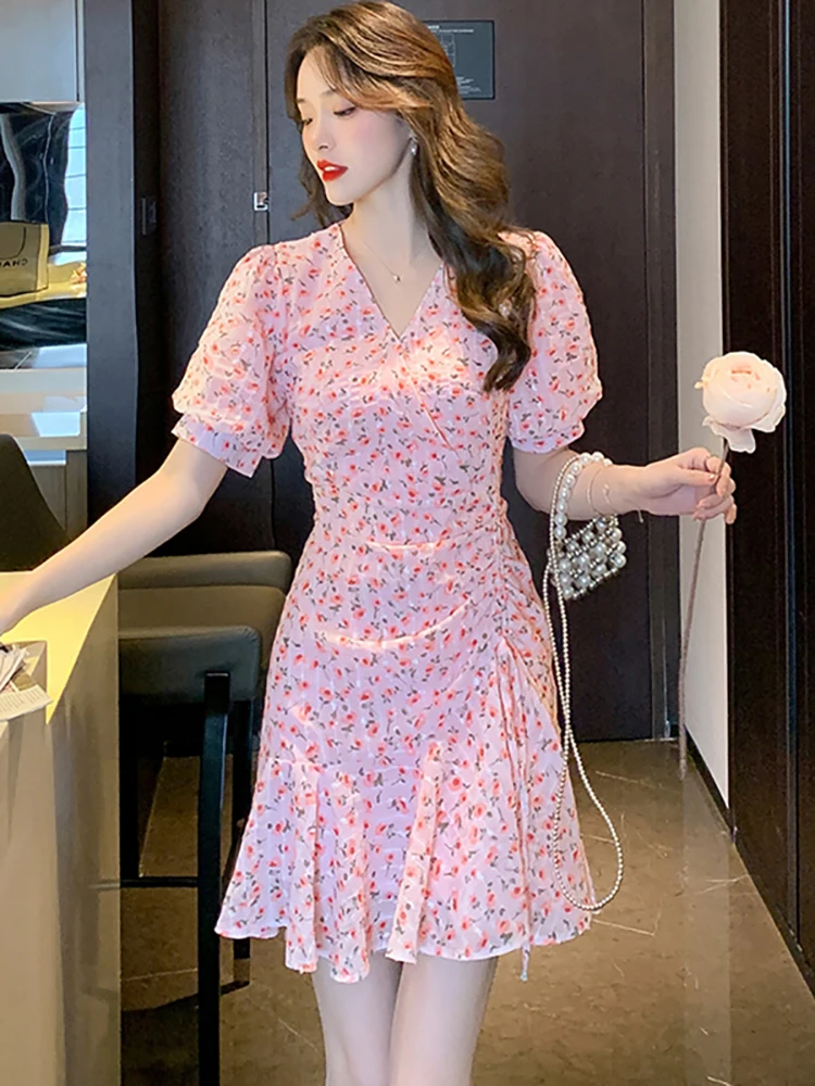 hot】❒﹍◅ Elegante vestido midi feminino roupa kawaii manga curta praia  senhora do escritório rosa chiffon verão festa 2023