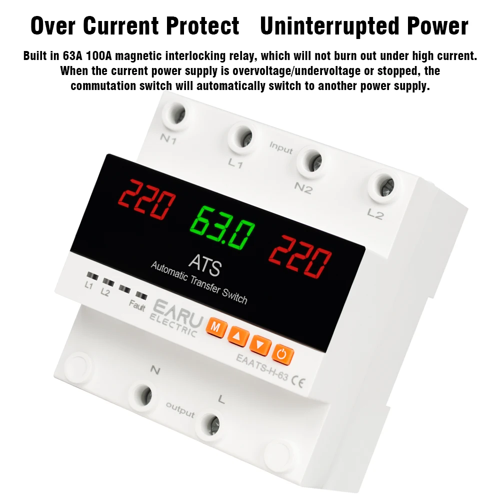 63A 100A ATS Adjustable Over Under Voltage Current Protector Dual Power Conversi