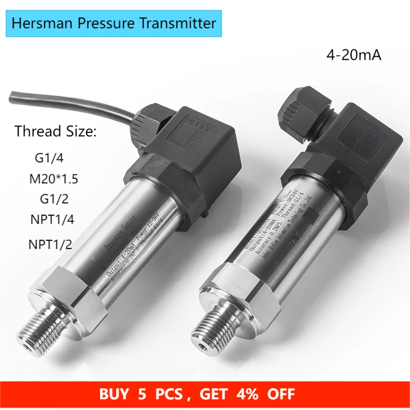 

4-20mA Pressure Transducer Sensor DC12V 24V Supply Water Gas Oil Pressure Transmitter -0.1Mpa 60Mpa G1/4' M20*1.5 NPT1/4' G1/2'