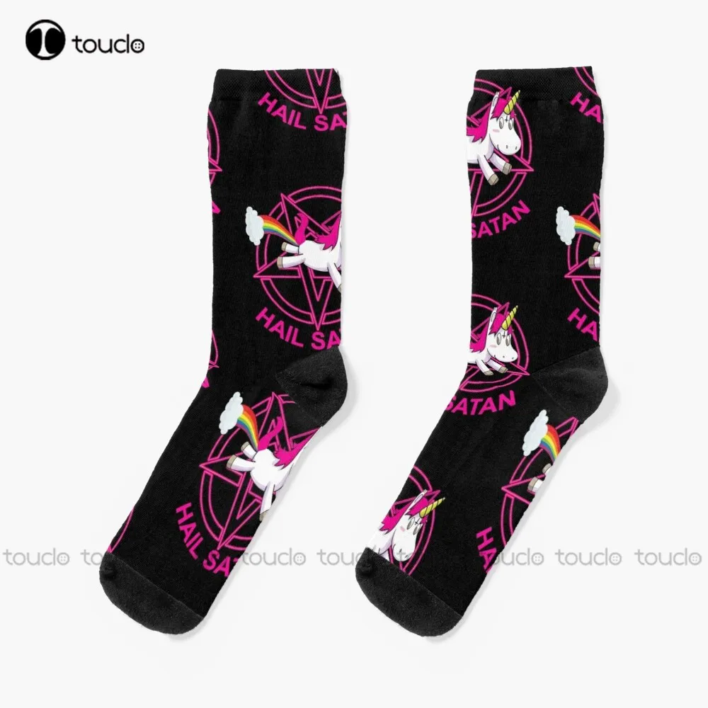 

Hail Satan Unicorn Halloween Socks Mens Black Crew Socks Personalized Custom Unisex Adult Teen Youth Socks New Popular Art