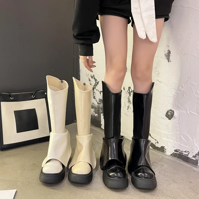 

Женские сапоги на среднем каблуке, зимние сапоги с круглым носком и молнией, Дизайнерские Сапоги выше колена В Стиле Лолита, Осень-зима 2022