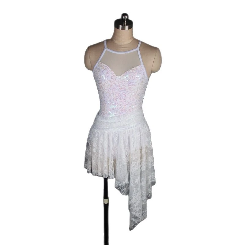 Dance Favourite White Sequin Lace Women Lyrical Dance Costume Ballet