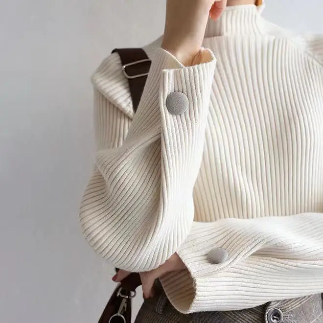

Sweater Women's Autumn and Winter Simple Base Shirt Half High Neck Loose and Thin Long Sleeves Knitted Sweater Base Shirt Women