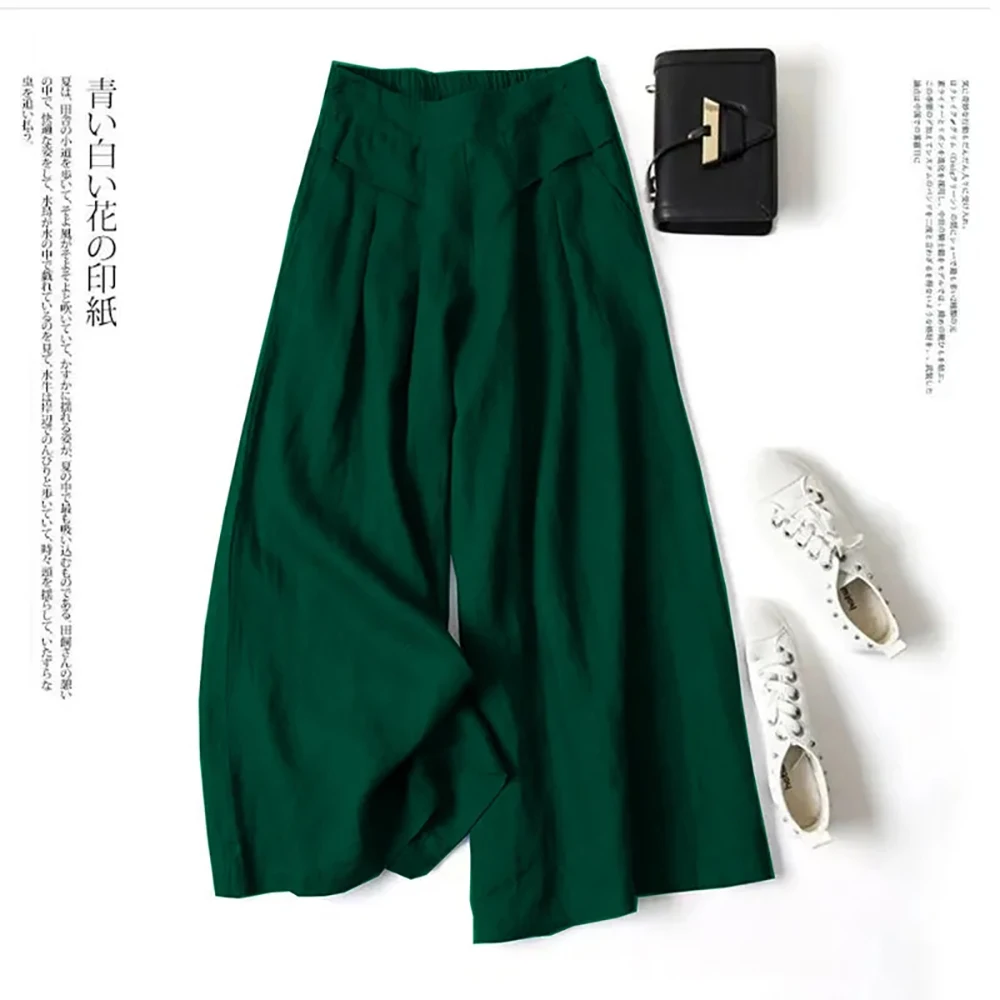 Summer Pants for Women Cotton Linen Large Size Wide Leg Pants Femme Arts Style Elastic Waist Solid Casual Loose Pantalon 2