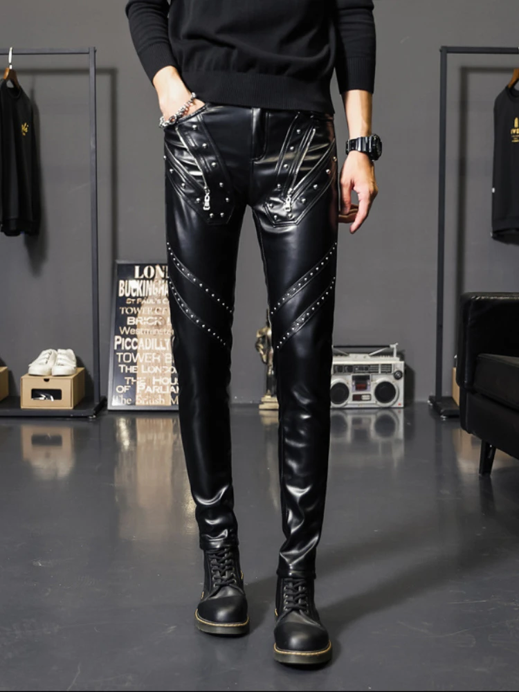 

2022 New Arrived Personality Leather Pants Men Slim Leather Pants Male Clothing PU Biker Pants Male