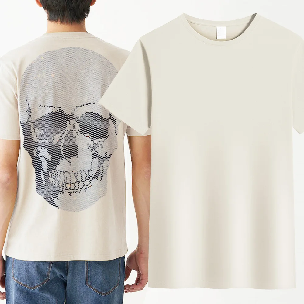 Tシャツ・カットソー IN SILENCE Hand-drawn graphic t-shirt 5FT1855 Hip Hop Rhinestone T Shirt Men Skull Print Streetwear