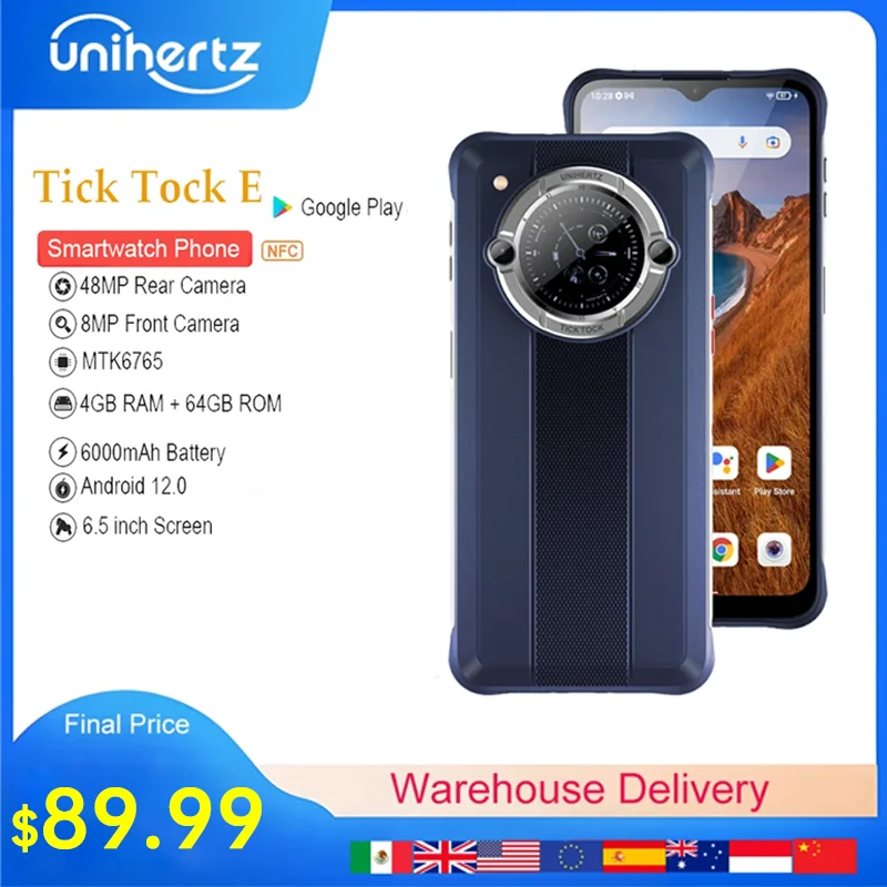 Unihertz-Tick Tock E 옥타 코어 안드로이드 스마트폰, 6000mAh, 6.5 인치 스크린, 4GB 64GB 휴대폰, 48MP 잠금 해제, 고속 충전 전화 
