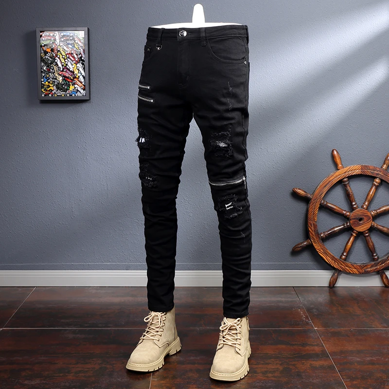 Streetwear Mode Zwarte Jeans Mannen Elastische Slim Fit Vernietigd Ripped  Jeans Rits Designer Hip Hop Punk Denim Potlood Broek Mannen| | - AliExpress