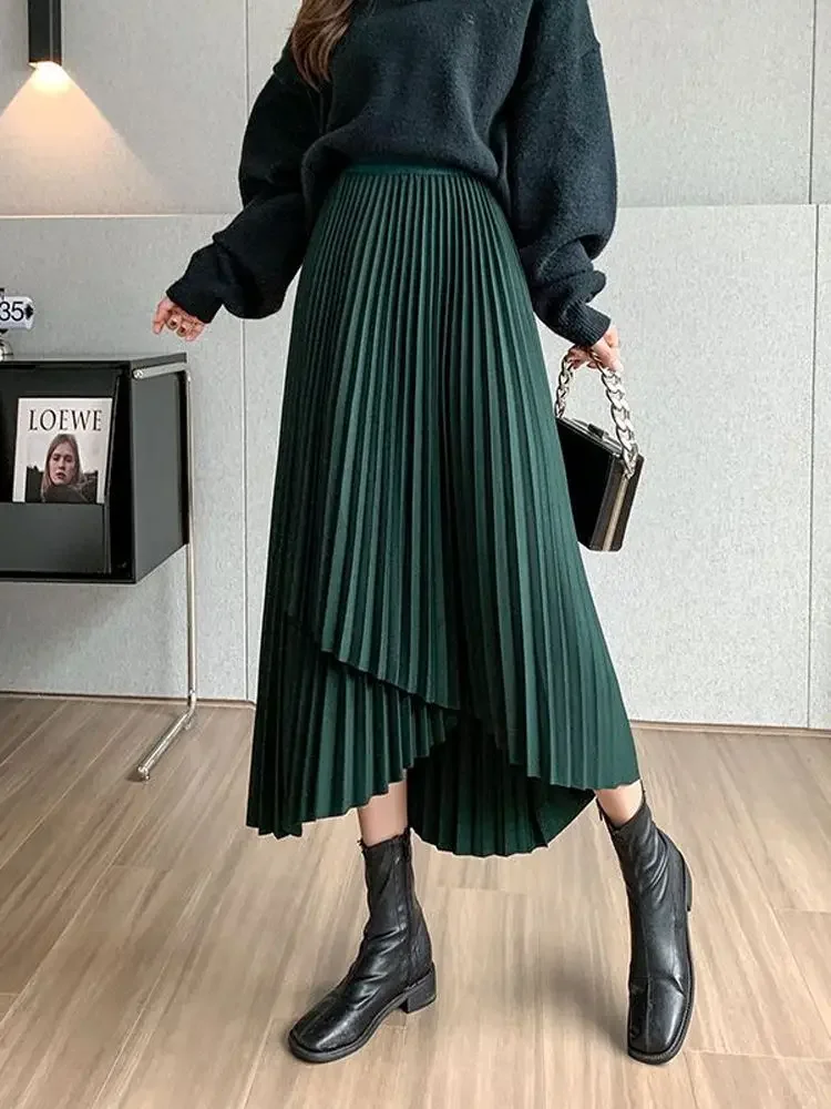 Goth Black Mid-length Skirt Women High Waist Pleated Skirt Asymmetric Slim Fit Vintage A-line Korean Fashion Women's Clothing korean version of the multi layer asymmetric gauze high waisted cake for women one size black tulle petticoat tango skirt