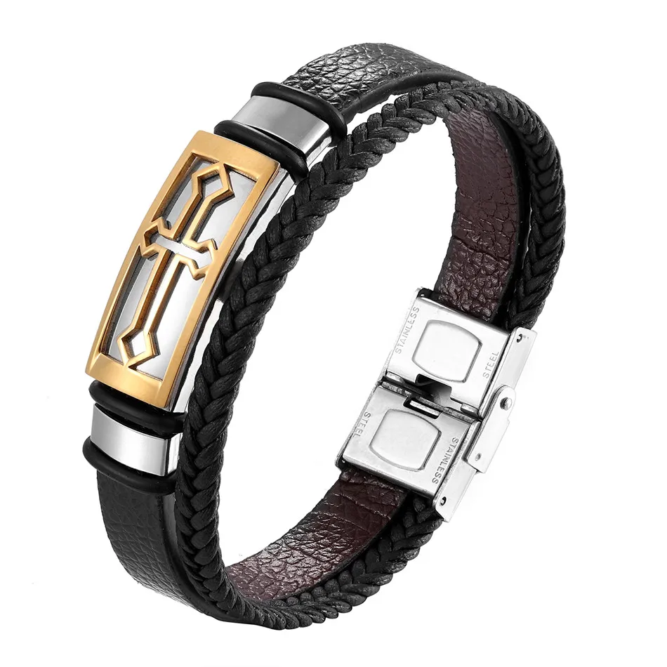 Leather Bracelet Stainless Steel Bracelet Metal Bracelet Christian Cross Bracelets Men Women Hand Jewelry Handmade 2 Lays Leather Cuff Bangle Stainless Steel Accessory 17-23cm Wristlet