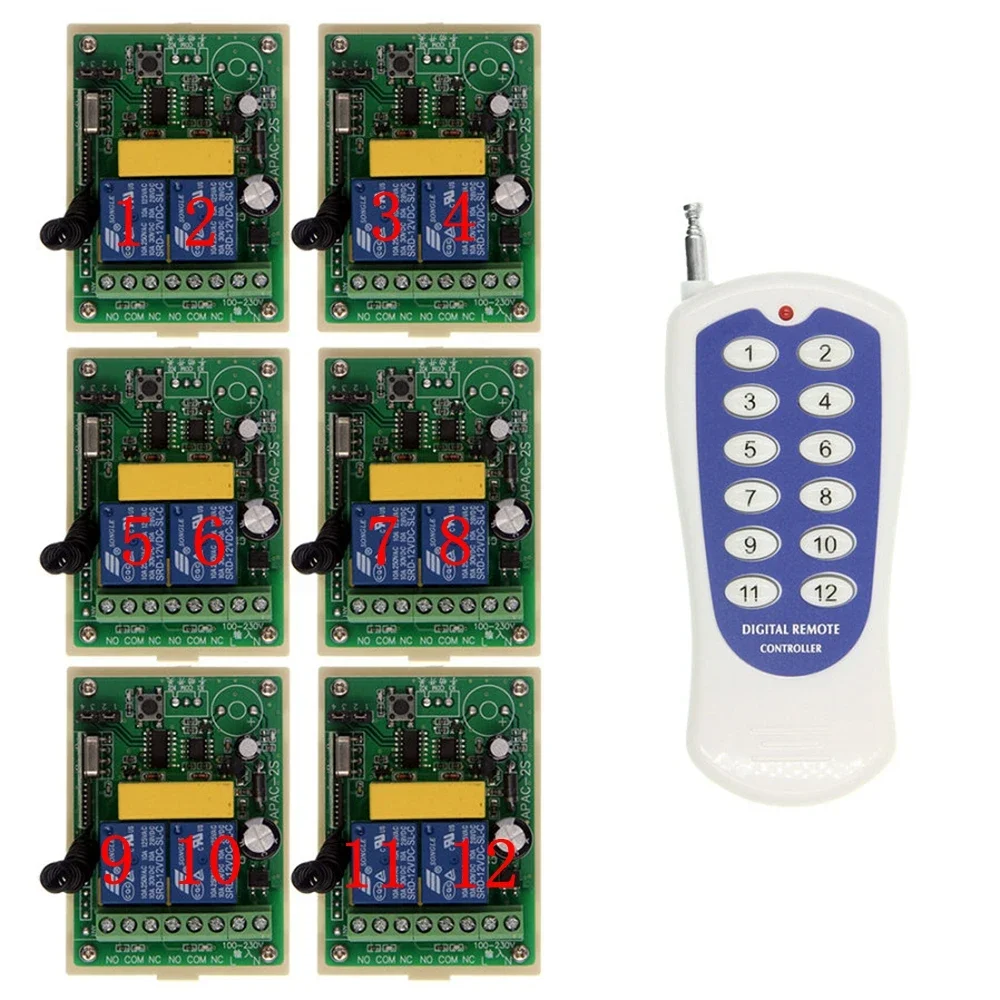 

Remote Control Switch AC 110V~220V 2CH Relay 1 Control Multiple Receivers 12 Key Transmitter For Lamp Motor Push Rod