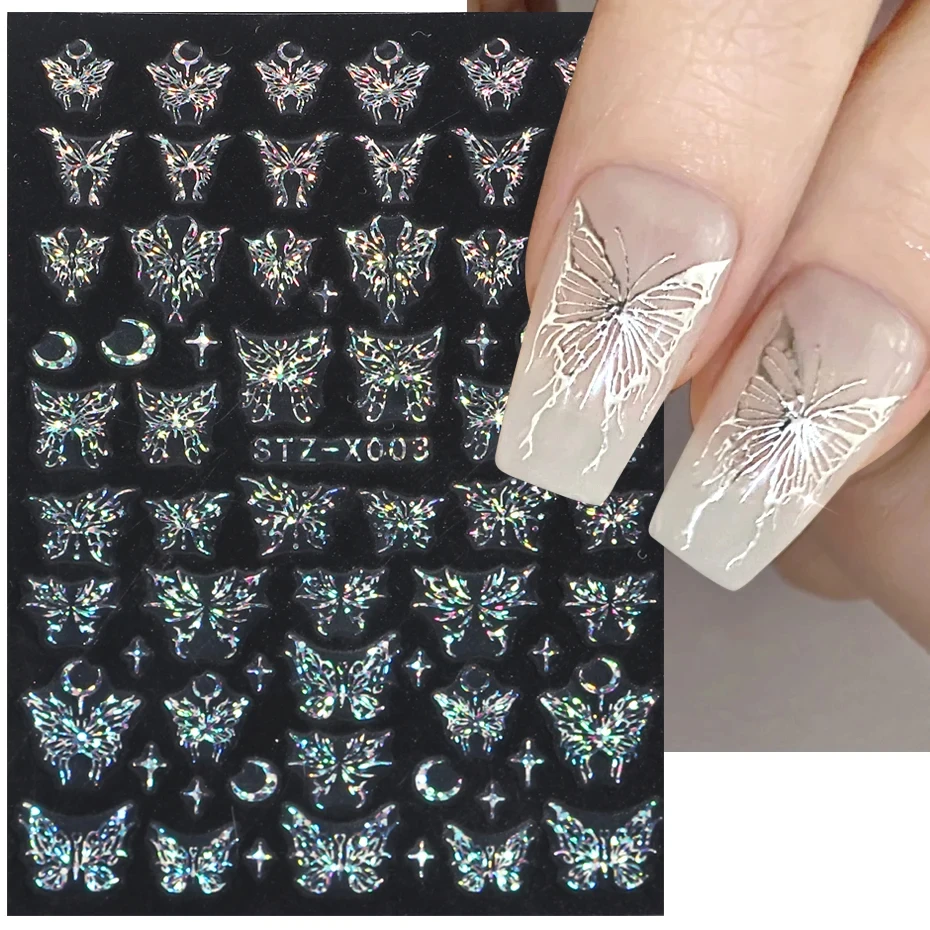 Nail Stickers Laser Butterfly Stickers Nails Holographic Snake Dragon Heart Star Moon Adhesive Sliders 3D Nail Art Decal Decoration LASTZX