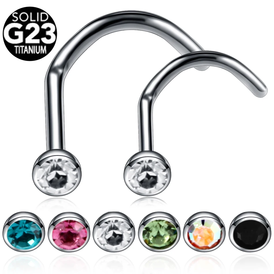 1PCG23TitaniumNoseStudsPiercingCrystalNarizScrewSeptumRings